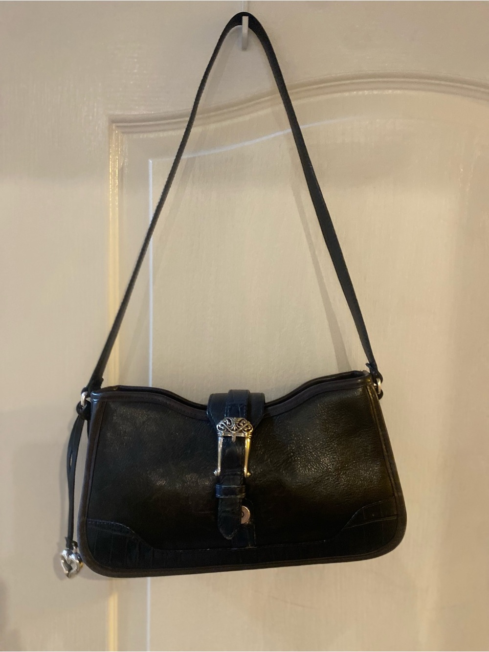 Brighton Black Leather Shoulder Bag with Silver-Tone Buckle